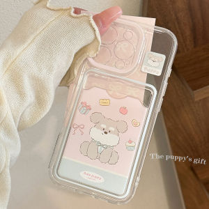 เคสโทรศัพท์ลายการ์ตูนน้องหมาน่ารักสีชมพูพร้อมช่องใส่บัตรสำหรับ iPhone 16 Pro Max 15 14 13 12 11 XR 8 7 Plus อเนกประสงค์ใส่บัตรอาหาร บัตรโดยสารได้ เคส TPU ใสกันกระแทก