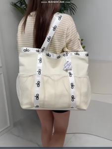 ALO Women Mesh Panel Tote Bag Full Print Strap Large Capacity Breathable Beach Gym Shopping Shoulder Handbag For Ladies