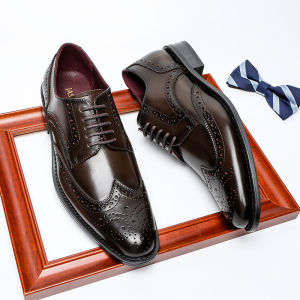 WuChu Men Genuine Leather Formal Shoes Full Brogue Men Casual Dress Shoes Blue Patchwork Oxford for Male Party Dinner British Footwear