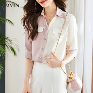 AMMIN Áo Vải Sa Tanh Cá Tính Thời Trang Hàn Quốc Dáng Rộng Tay Ngắn Áo Cổ Chữ V Mới Mùa Hè Đối Màu Tay Ngắn Công Sở Đi Làm Thường Ngày Cho Nữ