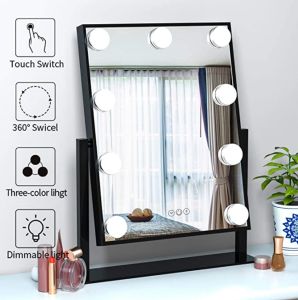 Hollywood Style Professional Tabletop Lighted Vanity Makeup Cosmetic Mirror with Dimmable Led Bulbs 3-color Light Conversion Hollywood mirror light