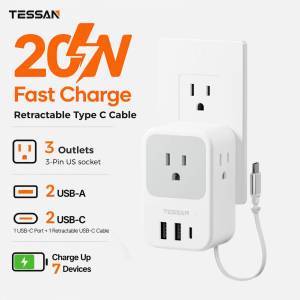 TESSAN 20W Plug Adapter Retractable Cable USB-C Multi Outlet Extender 3 AC Outlets Wall Socket