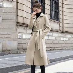Wool coat women long winter jacket black stitching plaid Hepburn style long  waist high-end coat