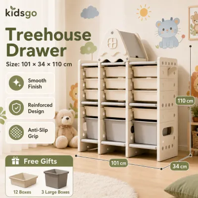 Playpark Wood Kids Toy Storage Organizer Bookshelf Large Capacity Children Rack with 8 Bins and Side Shelves