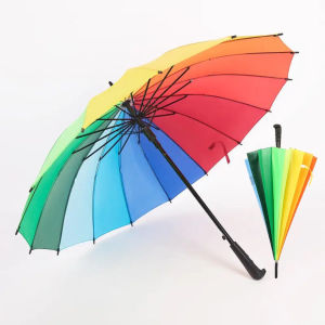 Umbella Rainbow Colored 27 Inches 16 Bones J-Type Wind Proof Large Automatic Long Handle Umbrella For Rains