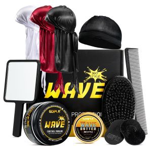 Wave Pomade for Men with Strong Hold and Easy Wash Hair Cream Grease Promotes Layered Waves Moisture Shine Brush and Durag Cap Set