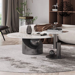 Bàn trà sofa bàn phòng khách bàn cafe nội thất nhập khẩu mẫu bàn đôi kiểu Ý Italian Space chân trụ inox đá ceramiinox