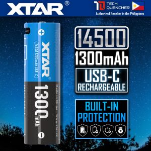 XTAR 14500 1300mAh USB-C Rechargeable Lithium-Ion Battery - 3.6V - 3.0A - Protected - 500+ Cycles