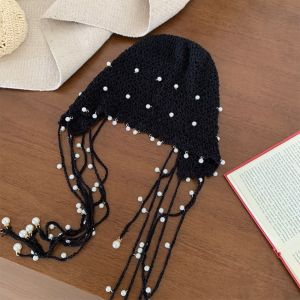 DRESSPLUS Khoét lỗ Mũ Dệt Kim Tua rua ngọc trai đục lỗ Mũ Beanie Hoa Móc Mũ đan Ngọt ngào Hàn Quốc Mũ phong cách dân tộc Phụ kiện trang phục
