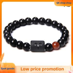 ✨QK shop✨ 12 Constellation Zodiac Signs Beads Couple Bracelet Natural Black Onyx Stone Elastic Charm Bracelet for Women Men