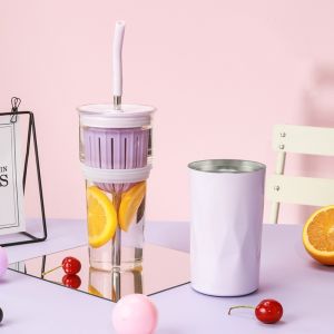 KODUS 2 Layer 2 in1 Cooling Storage Glass Large Capacity 650ML Straw Cup Water Bottle Leak-proof Insulated Cup Drinkware