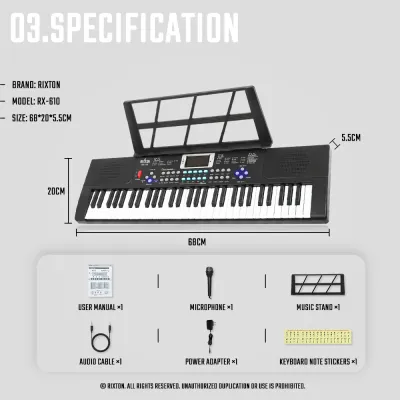 RIXTON 61 Keys Childrens Electronic Keyboard Multifunctional Portable Piano Introductory Instrument
