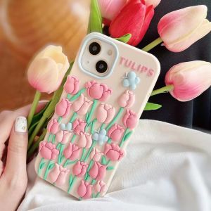 Phone Case For iPhone 11 12 Pro Max 13 Pro Max 6 7 8 Plus X XS XR Case Casing Cover Ins Spring Three-dimensional 3D Pink Tulip Phone Soft Silicone Shell