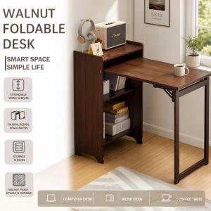 Foldable Desk with Bookshelf Space-Saving Laptop Table Small Desk with Storage Function