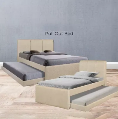 [ FREE 1 X RM99 KING KOIL PILLOW ] ASTER PULLOUT BED ( LIGHT BROWN ) Queen/Single - Katil pullout / Bed frame pullout (Headboard + PullOut Box ) Fabric