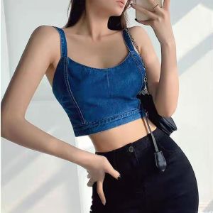 CHARMI Tank Top Denim Inner Crop Top Summer Off Shoulder Womens Tanks Top Elegant Slim Fit Beauty Back Camisole Girls