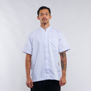 Finecooks Seneca Chef jacket koki pria simple Lengan Pendek hitam zipper