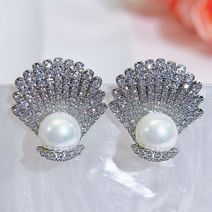 SEQUITO Delicate Women Ear Jewelry White Gold Plated Micro Pave Bling AAA Cubic Zircon Charming Shell Shape Stud Earrings with Pearl Prom Party Accessories SE886