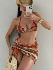 2026 Hot Sale [ Shipped from China ]2026 Foreign trade European and American style knitted striped bikini three-piece set beach vacation style split swimsuit B3