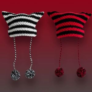 DOWNA Casual Cap Cute Cat Ears Womens Hats Pointed Pullover Knitted Wool Cap Japanese Beanie Hat Striped Ins Little Devil