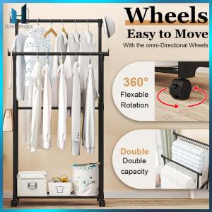 【Homelements】แท่งคู่ชั้นวางเสื้อผ้า ชั้นวางเสื้อผ้าแบบพกพาชั้นวางเสื้อผ้าพร้อมล้อสำหรับเสื้อเสื้อ