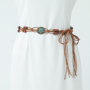 Minwen Bohemian Style Butterfly Water Woven Ethnic Style Wooden Bead Womens Belt Casual Vacation Style Waist Rope