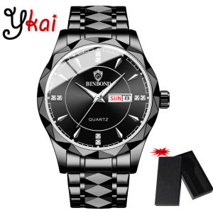 [With Free Box] Binbond Brand Mens Watches 2023 Luxury Brand Dual Calendar Luminous Prismatic Diamond Dial Stainless Steel Strap Waterproof Quartz Wristwatch Fashion Casual Golden Watch B5552
