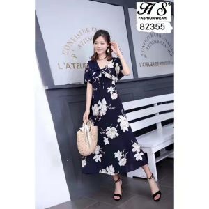 New Vintage Floral Printed V Neck Waisted Dress Hs-82355