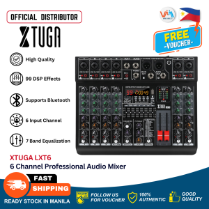XTUGA LXT6 DJ Mixer 6 Channel Multipurpose Professional Audio Mixer Support Bluetooth USB MP3 Playback Built in 99 DSP Digital Effect with 48V Phantom Power 7 band equalizer Reverb Effect Mixing Console for Bar Party Cafe DJ KTV Stage Wedding VMI Direct