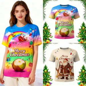 Merry Christmas T-shirt for both men and women with beautiful 3D rendered Christmas tree print and deer.