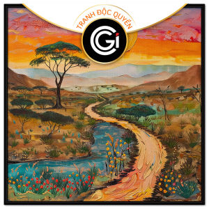 Tranh phong cảnh trừu tượng chiều hoàng hôn trên con đường nhỏ trong thung lũng tranh treo tường dán tườngCGI-799