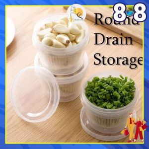 Round Drain Storage Box With Drainer & Cover Lid Plastic Round Save Space Vegetable Onion Refrigerator for Home Kitchen - Bekas Simpanan Makanan Penapis Jimat Ruang