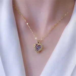 [haoh] Fashion Ocean Heart Necklace Heart Angel Wings Colorful Pendant Chain Necklace Wedding Jewelry Gifts For Women Girls