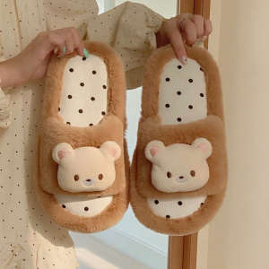 XIXITIAO Indoor Cotton Slippers Cute Polka Dot Soft Adorable Bear One-Word Cotton Slippers Girly Heart Autumn Winter Home Comfort Korean Style Furry Slippers ins