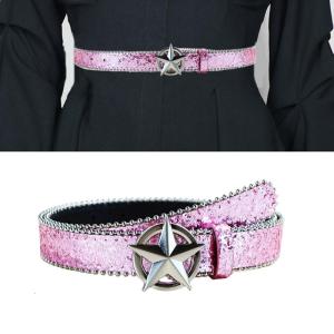 Punk PU Waist Belt for Jean Heavy Duty Hip Hop Belt Waistband Glinting Buckle with Encrusted Glitter