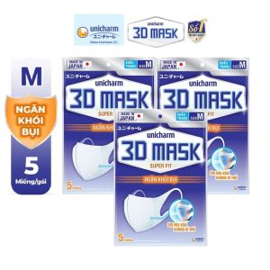 Combo 3 gói Khẩu trang Unicharm 3D Mask Super Fit ngăn khói bụi (5 cái/gói)