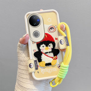 Leather pattern embroidered 3D phone case for VIVO V50 V50Lite 5G with hand strap design protects the camera cartoon pattern cute bear design for VIVO V40 V30 5G