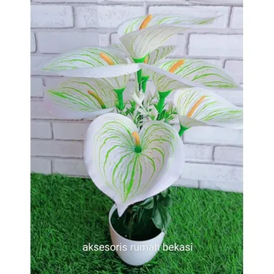 Set bunga plastik anthurium/bunga lilly/bunga Aron panda dengan pot lumut melamin bulat