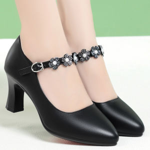 Women Pumps Flower Mary Jane Shallow Mouth Shoes Dress One-line Buckle Pointed Toe Medium Elegant Heels Soft Leather Shoes