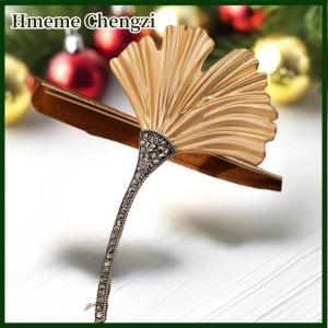 Hmeme Exquisite Retro Shining Rhinestone Gold Color Fan-shaped Ginkgo Biloba Leaves Plant Brooches Earring For Women Men Jewelry Gift