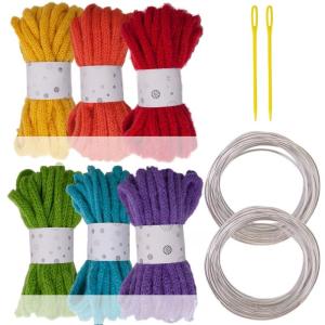 6 Rolls Hollow Braided String Cord 7mmX5Meters Multicolored Polyester Rope with Big Eye Needle and Metal Sculpting Wire