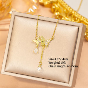 Fashion necklace pendant - Luxury and exclusive small-scale collar chain accessory 【钛钢】热卖爆款珍珠蝴蝶项链女轻奢时尚高级感铜微镶锁骨链饰品