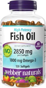 Webber Naturals Fish Oil 2850 mg High Potency 1800 mg-3 per Serving 120 Clear Enteric Softgels No Fishy Aftertaste Ultra-Purified Supports Heart Cognitive and Joint Health