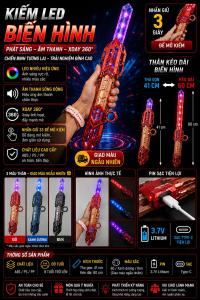 Kiếm Led Biến Hình Cao Cấp Phát Sáng Âm Thanh Xoay 360 Độ | Kiếm Laser Led Pin Sạc Type-C Cho Bé Trai