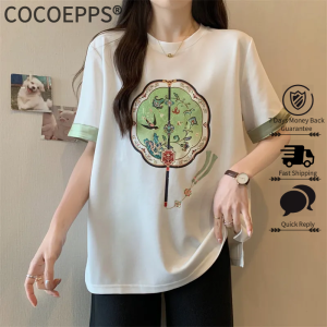 Cocoepps Áo thun ngắn tay in họa tiết phong cách Trung Quốc Mới Cỡ Lớn áo thời trang rộng thùng thình Mới Mùa Hè 2024 cho nữ
