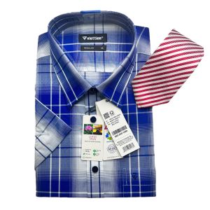 Áo sơ mi cộc tay Việt Tiến màu xanh kẻ caro 1R6371 Regular vạt ngang có size lớn