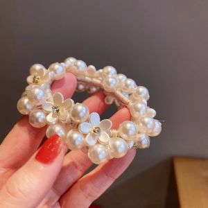 Pearl Flower Shiny Elastic Hair Bands Rubber Bands Full Pearl Beaded Scrunchies Handmade Elastic Pearl Hair Accessories