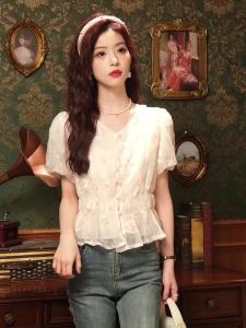 Ammin 2024 Mùa Hè Mới Pháp Eo in hoa tay ngắn áo cánh vải voan Phụ Nữ Ngọt Ngào tay áo bong bóng nút ngọc trai Thiết Kế Áo Blouse thanh lịch