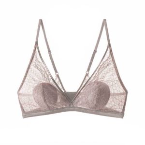 SUPERRR ลูกไม้ตาข่าย บราไร้สายแบบลึก V โปร่งใส ป้องกันการกระแทก ชุดชั้นในแบบดันทรง สะดวกสบาย ป้องกันการหย่อนคล้อย บราเซียสำหรับผู้หญิง สาวๆ