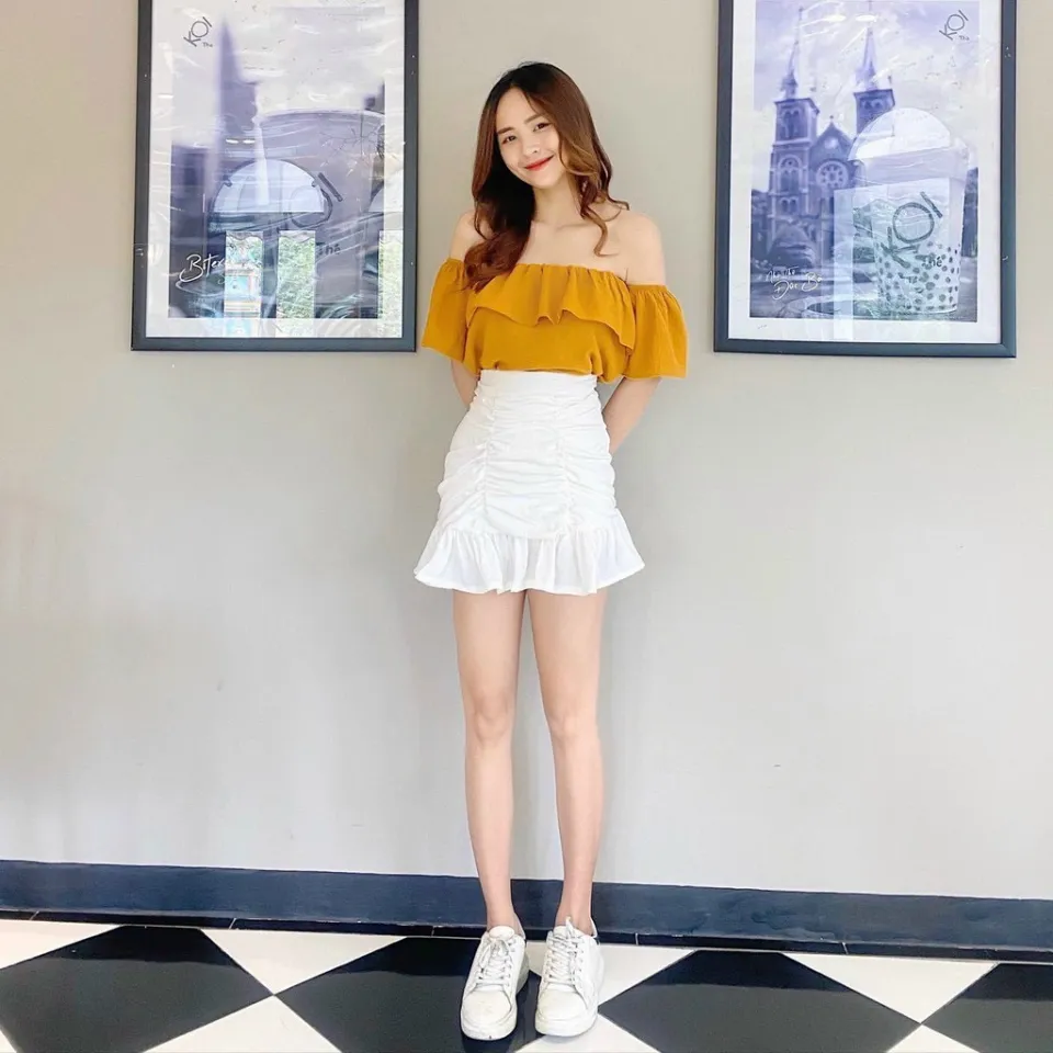 Set Áo trễ vai phối chân váy Jeans | Shopee Việt Nam